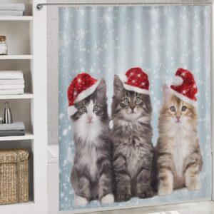 GemGam Cat Winter Shower Curtain with Bathroom Sets and Rugs 4PCS Decor Cute Kitten Xmas Shower Curtain Sets with Non-Slip Rug Toilet Lid Cover U-Shaped Mat with Hooks 72"x72"