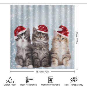 GemGam Cat Winter Shower Curtain with Bathroom Sets and Rugs 4PCS Decor Cute Kitten Xmas Shower Curtain Sets with Non-Slip Rug Toilet Lid Cover U-Shaped Mat with Hooks 72"x72"