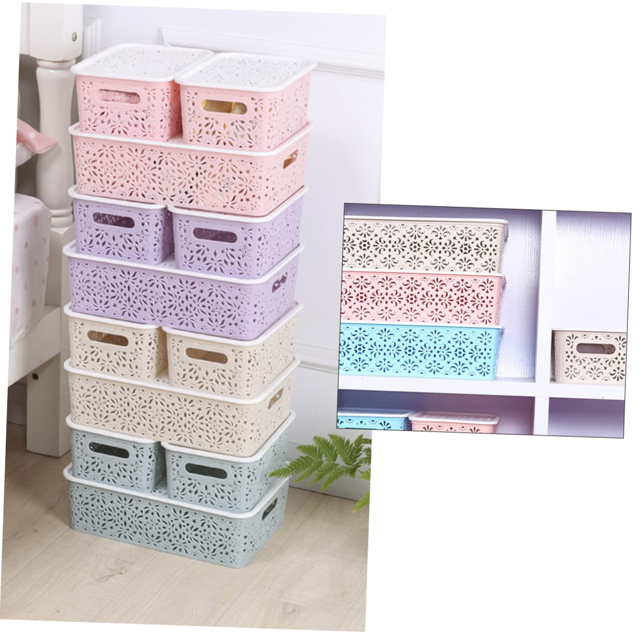 ABOOFAN Box Storage Bins with Lids Hollow Storage Basket Organization Baskets Sundries Organizer Pantry Bins Drawer Organizer Lidded Storage Bins Clothes Storage Basket Food Laundry Basket