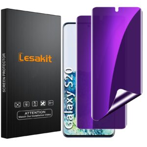 lesakit 2 pack anti-blue light privacy screen protector for galaxy s20 [not glass], [support fingerprint id] anti spy tpu flexible film for samsung galaxy s20 6.2 inch - purple