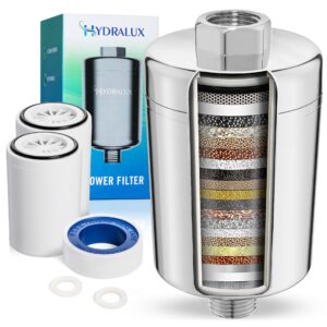 hydralux premium high-output shower filter with replacement - heavy duty water filter - hydralux h1 filtration - soothes dry & itchy skin, reduces dandruff, eczema & improves condition of skin