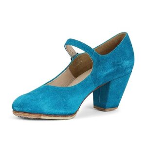 miguelito 1681 women's flamenco dance shoes with nails, sevilla, hunting suede, 2.5" heel, 9.5 us, 26.5 mx, turquoise