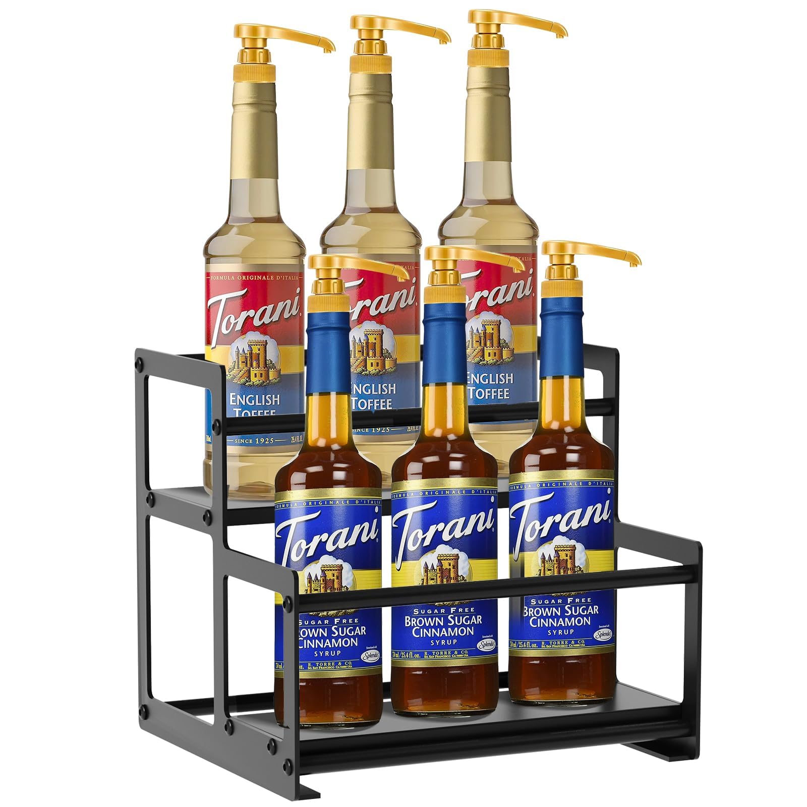 Gyykzz Coffee Syrup Rack Organizer, 2 Tier 6 Bottles Coffee Syrup Holder, Metal Syrup Stand for Coffee Bar, Syrup Bottle Storage for Liquor, Syrup, Wine, Dressing for Kitchen Coffee Countertop