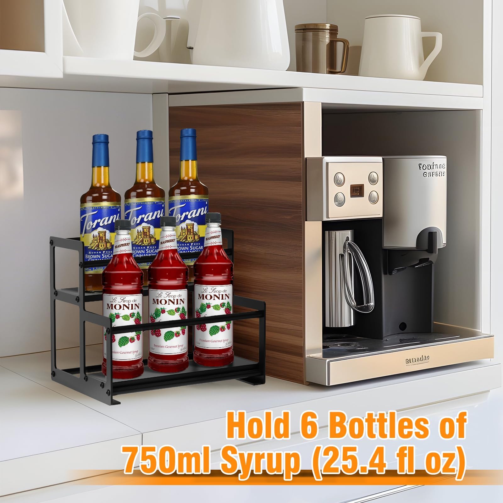 Gyykzz Coffee Syrup Rack Organizer, 2 Tier 6 Bottles Coffee Syrup Holder, Metal Syrup Stand for Coffee Bar, Syrup Bottle Storage for Liquor, Syrup, Wine, Dressing for Kitchen Coffee Countertop