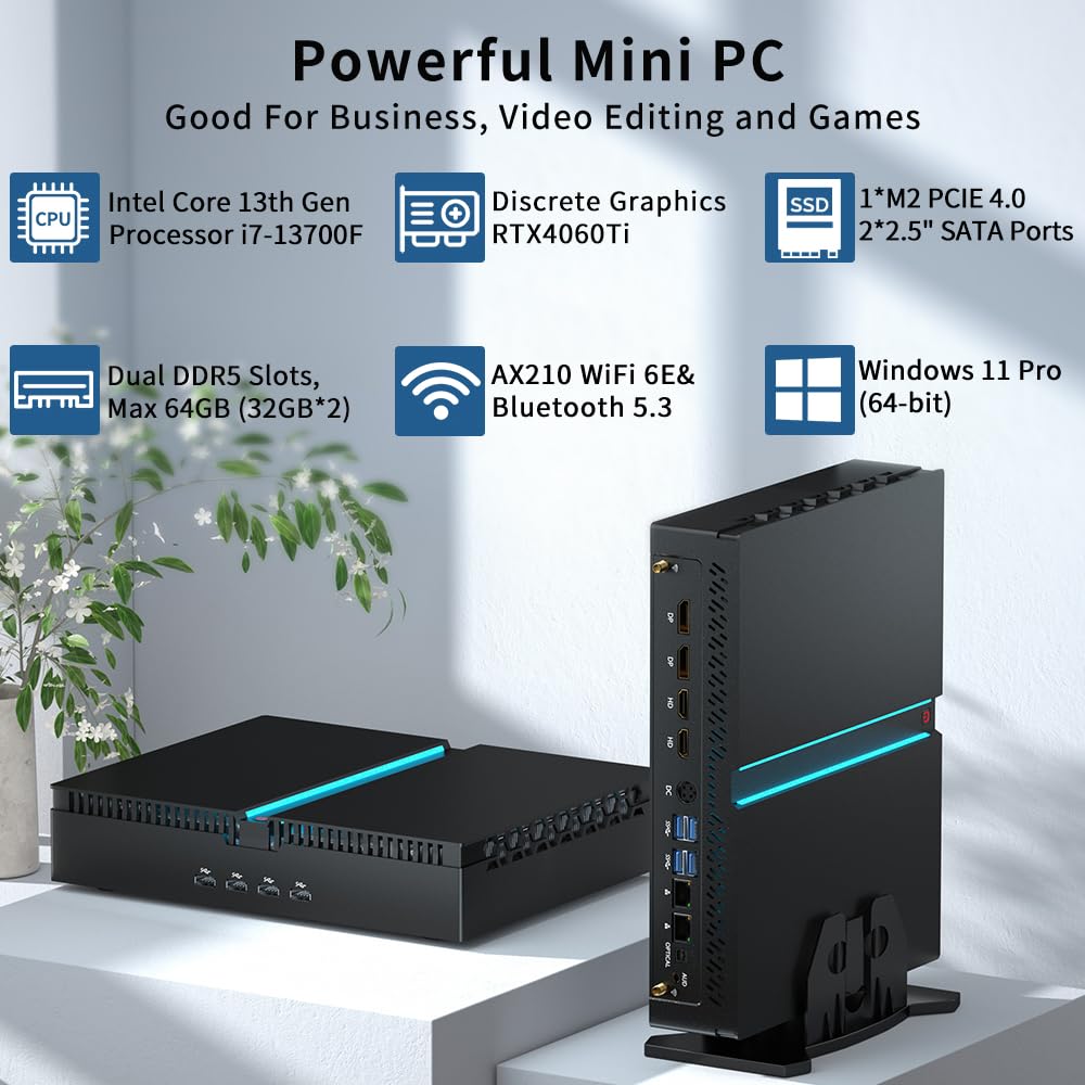 msecore Mini Gaming PC, Core i7-13700F with RTX4060Ti Desktop Computer, 64G DDR5 RAM 2T PCIE 4.0 SSD, WiFi 6E, 2* HDMI/ 2* DP, 8K, Optical, Dual LAN, Windows 11 Pro