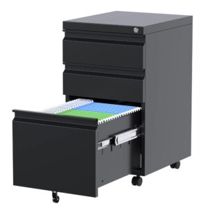 locenhu 3-drawer locking metal file cabinet for home office,easy to move,durability and stable,under-desk filing cabinet with legal/letter size drawer,fully assembled,black