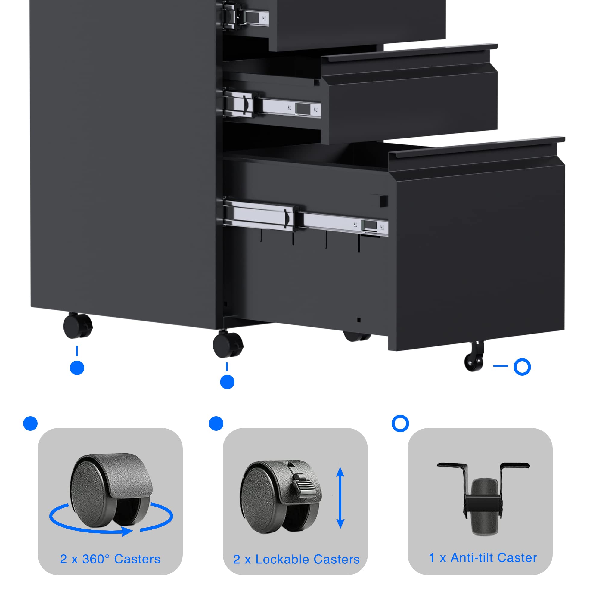 LOCENHU 3-Drawer Locking Metal File Cabinet for Home Office,Easy to Move,Durability and Stable,Under-Desk Filing Cabinet with Legal/Letter Size Drawer,Fully Assembled,Black