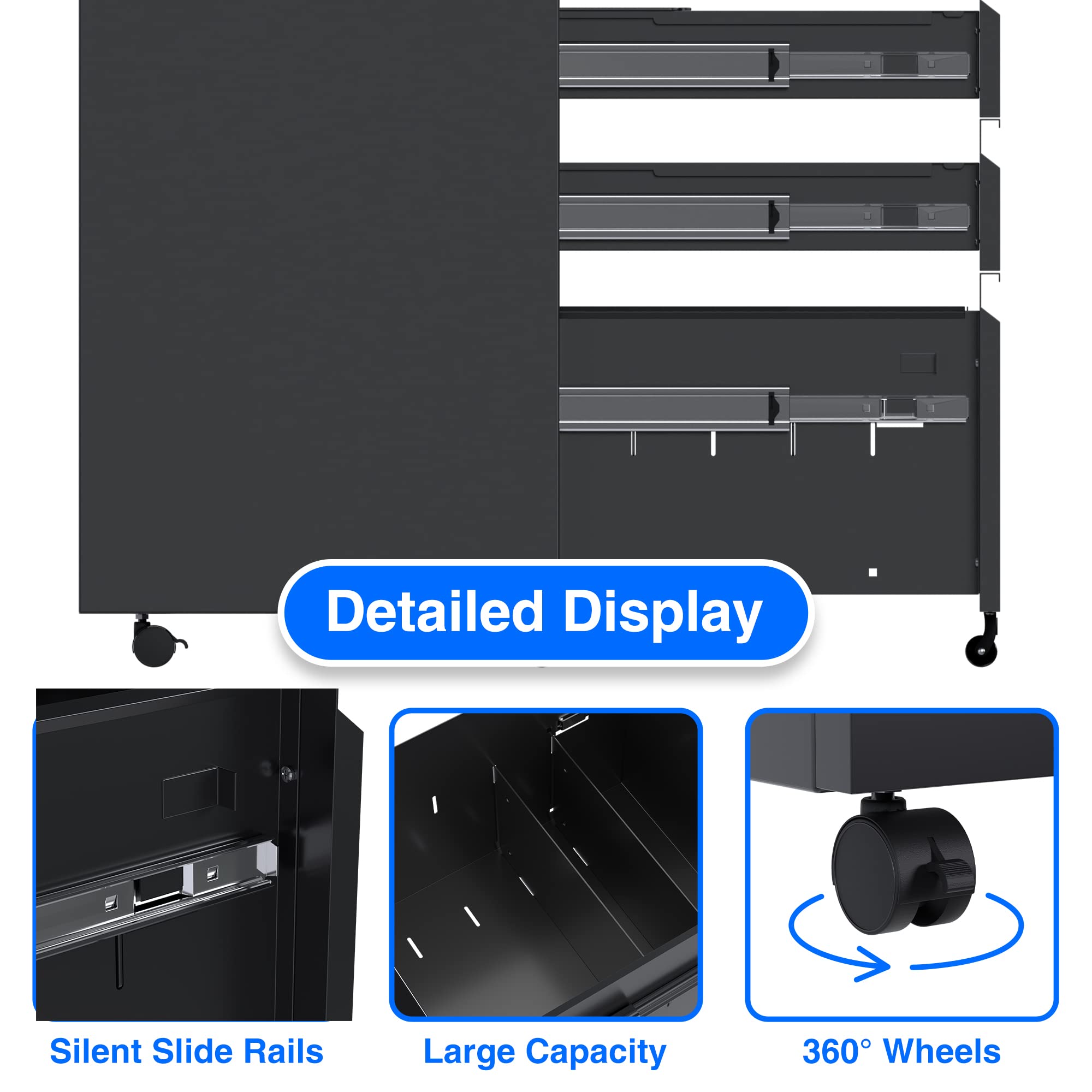 LOCENHU 3-Drawer Locking Metal File Cabinet for Home Office,Easy to Move,Durability and Stable,Under-Desk Filing Cabinet with Legal/Letter Size Drawer,Fully Assembled,Black