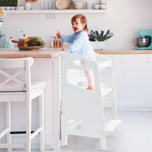 wooden toddler tower for learning,gaomon toddler step stool for bathroom sink&kitchen counter,toddler tower with anti-tip feet,kitchen little helper stool for children,white