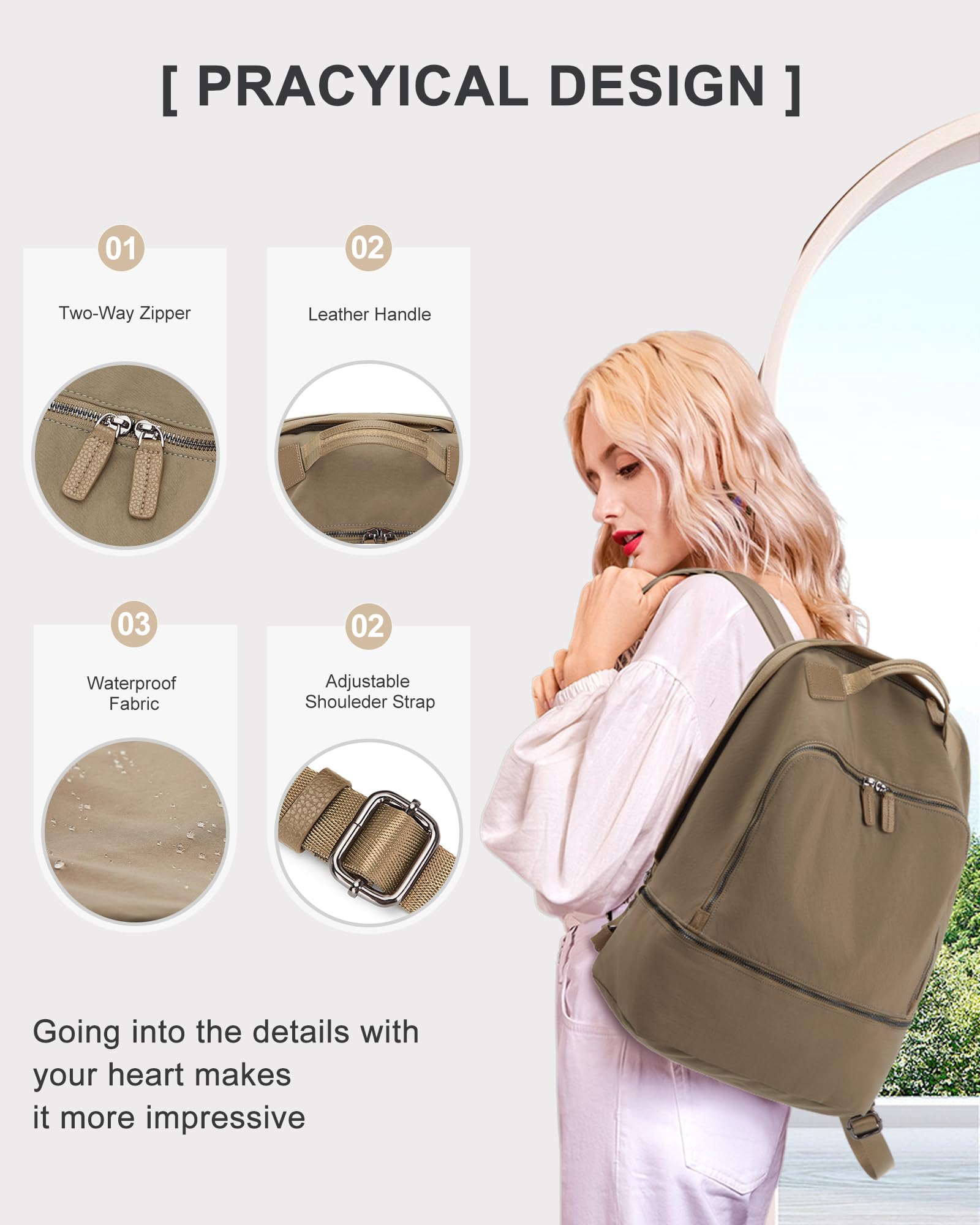 VENATIN Gym Backpack for Women Waterproof Small Gym Bag With Shoe Compartment Sports Essentials Backpack with Wet Dry Pocket,Khaki