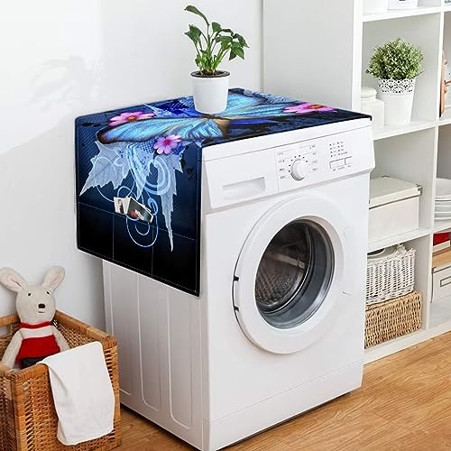 Gomyblomy Butterfly & Flowers Refrigerator Dust Cover,Non-slip Washer/Dryer Top,Lightweight Oven Waterproof Top with Storage Bag for Women, Size S