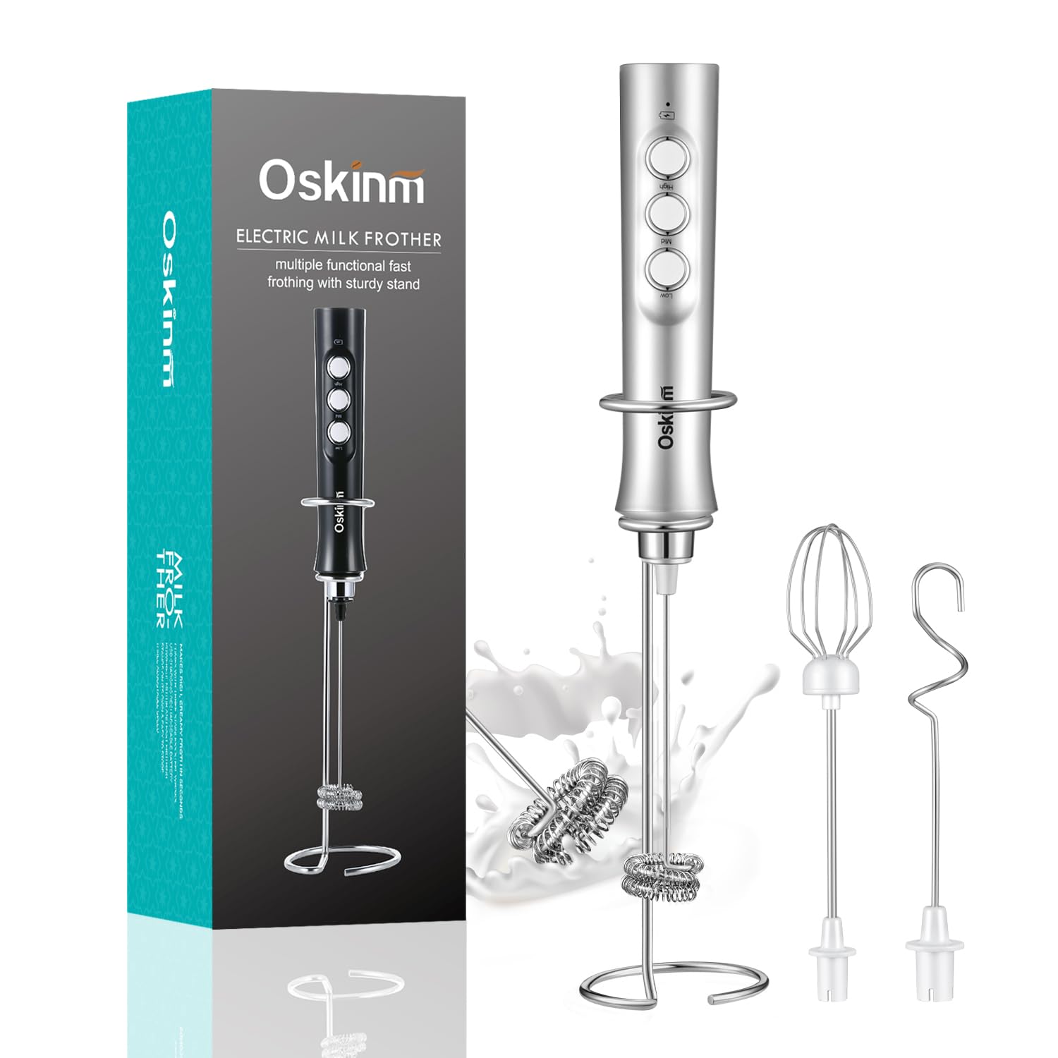 Oskinm Milk Frother Handheld with 3 Stainless Steel Whisks, USB Rechargeable Electric Foam Maker, Drink Mixer with 3 Speeds for Coffee, Bulletproof Coffee, Latte, Matcha