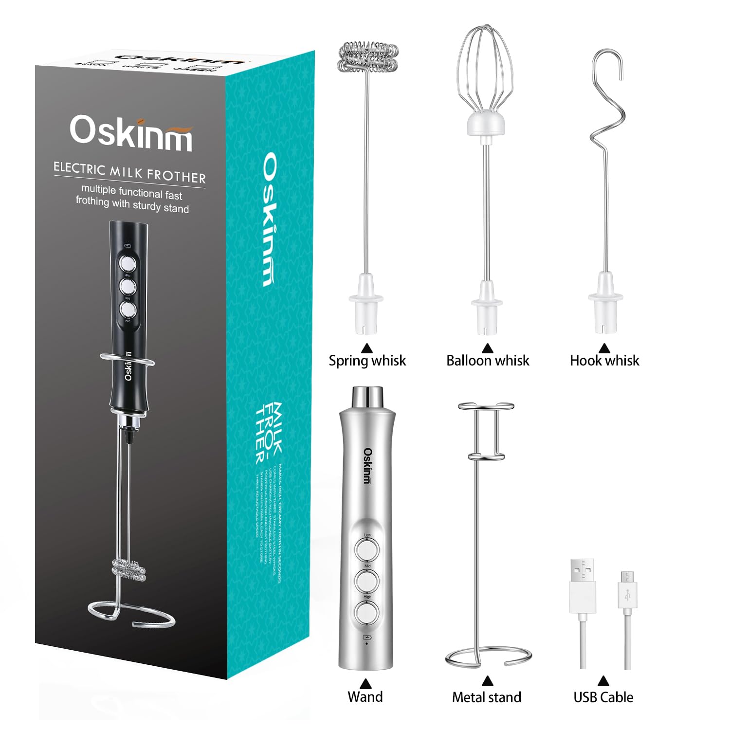 Oskinm Milk Frother Handheld with 3 Stainless Steel Whisks, USB Rechargeable Electric Foam Maker, Drink Mixer with 3 Speeds for Coffee, Bulletproof Coffee, Latte, Matcha