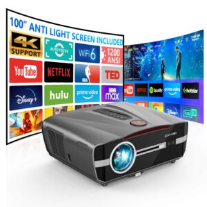 4k projector auto focus hdr wifi 6, smart daylight projector 4k high lumen 1200 ansi led 1080p ultra hd ceiling mounted home theater movie gaming indoor outdoor with bluetooth hdmi usb ethernet apps