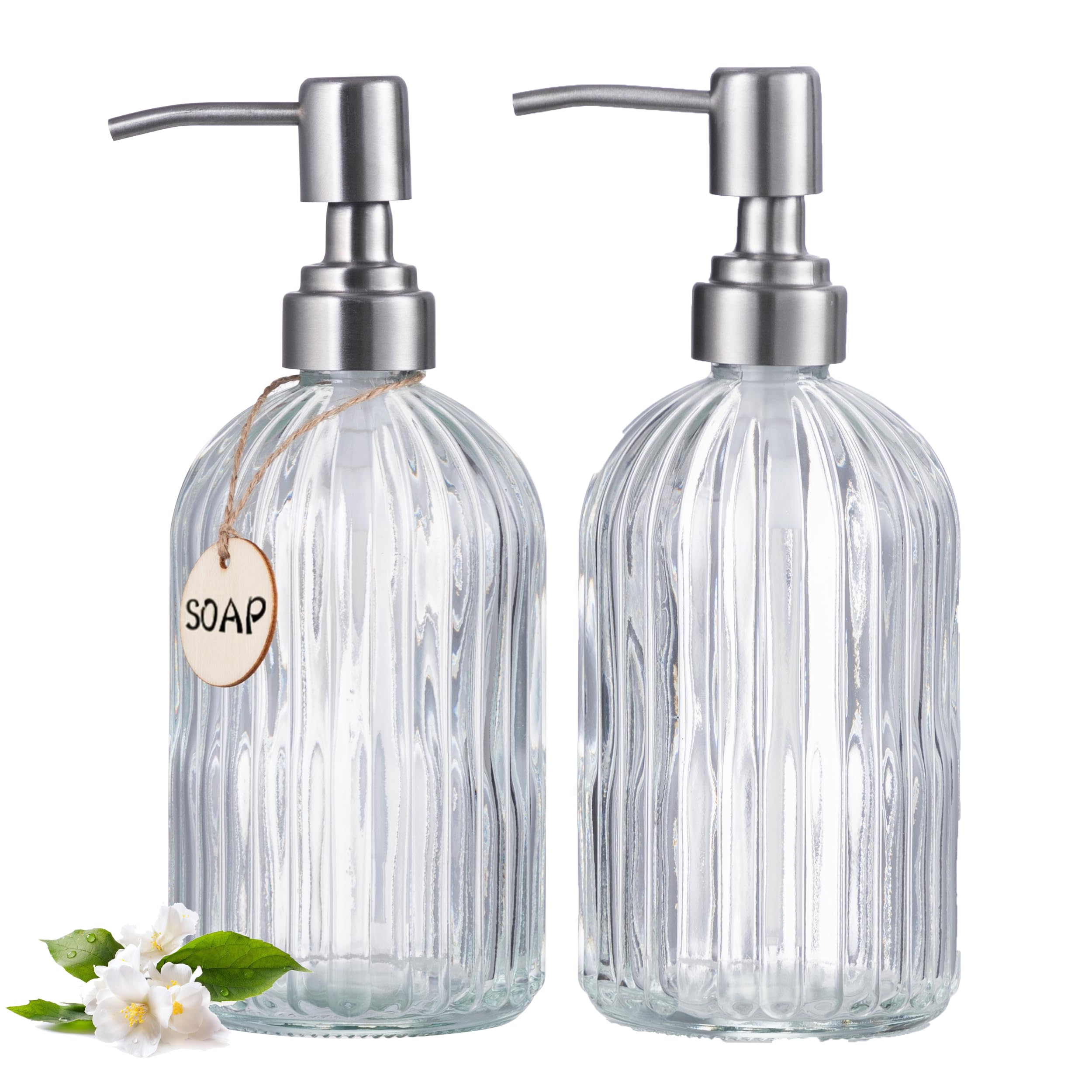 Vorey 16 Oz Glass Soap Dispenser with 304 Stainless Steel Pump, Refillable Liquid Hand Soap Dispenser for Kitchen, Bathroom, Farmhouse Decor Accessories (2 Pcs Clear, Vertical Grain)