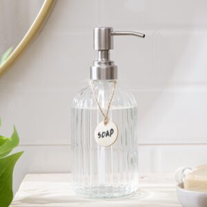 Vorey 16 Oz Glass Soap Dispenser with 304 Stainless Steel Pump, Refillable Liquid Hand Soap Dispenser for Kitchen, Bathroom, Farmhouse Decor Accessories (2 Pcs Clear, Vertical Grain)