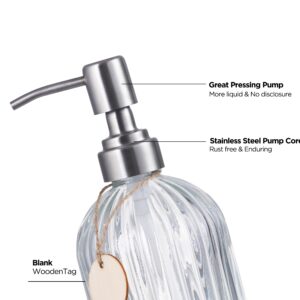 Vorey 16 Oz Glass Soap Dispenser with 304 Stainless Steel Pump, Refillable Liquid Hand Soap Dispenser for Kitchen, Bathroom, Farmhouse Decor Accessories (2 Pcs Clear, Vertical Grain)