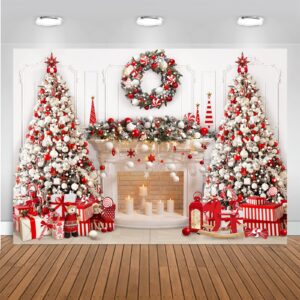 mocsicka christmas fireplace backdrop white red christmas tree photography background winter christmas family kids holiday party banner decorations photo booth props (red, 10x7ft(120''x82''))