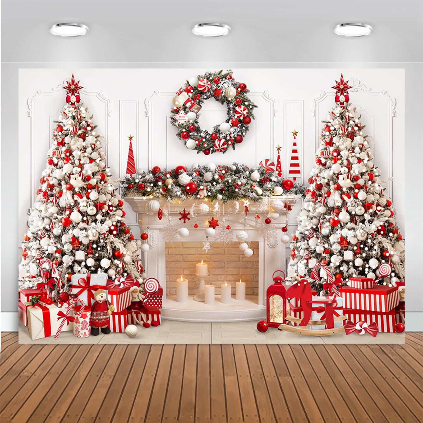 Mocsicka Christmas Fireplace Backdrop White Red Christmas Tree Photography Background Winter Christmas Family Kids Holiday Party Banner Decorations Photo Booth Props (Red, 10x7ft(120''x82''))