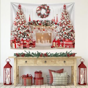 Mocsicka Christmas Fireplace Backdrop White Red Christmas Tree Photography Background Winter Christmas Family Kids Holiday Party Banner Decorations Photo Booth Props (Red, 10x7ft(120''x82''))