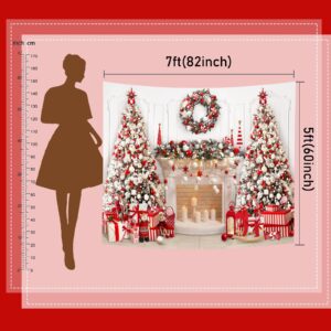 Mocsicka Christmas Fireplace Backdrop White Red Christmas Tree Photography Background Winter Christmas Family Kids Holiday Party Banner Decorations Photo Booth Props (Red, 10x7ft(120''x82''))