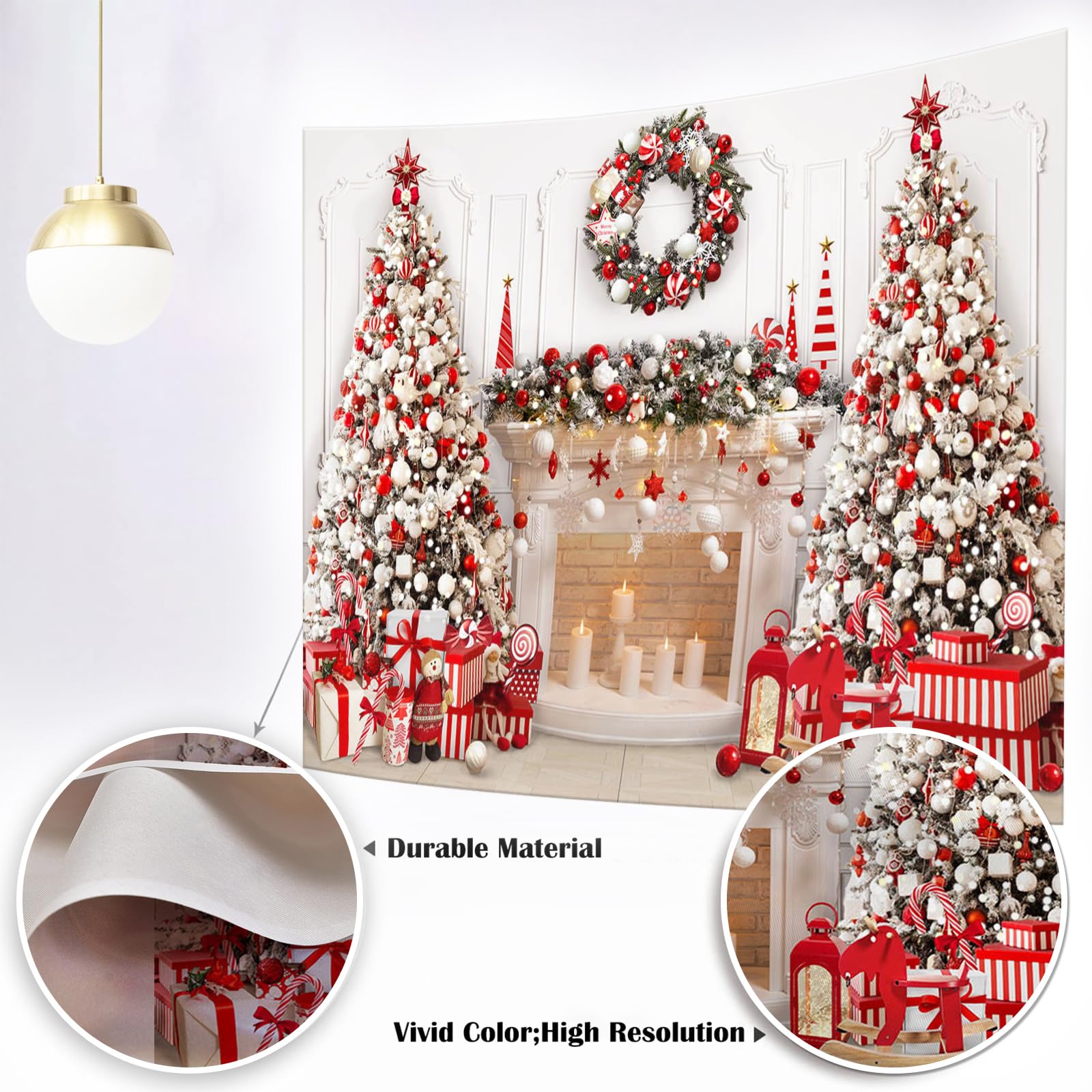 Mocsicka Christmas Fireplace Backdrop White Red Christmas Tree Photography Background Winter Christmas Family Kids Holiday Party Banner Decorations Photo Booth Props (Red, 10x7ft(120''x82''))