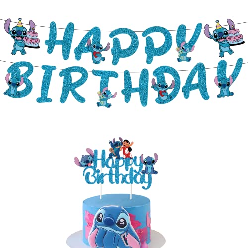 Blue Cartoon Happy Birthday Banner Cake Topper Blue CartoonThemed Decor Party Supplies for Birthday Party Decorations