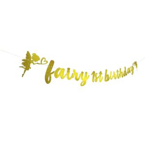 Fairy 1st Birthday Party Decorations,Golden glittery Fairy Happy 1st Birthday Party Supplies,Fairy Party Garden Decoration for Fairy Theme Birthday Party, 1st Anniversary Party Decorations Supplies