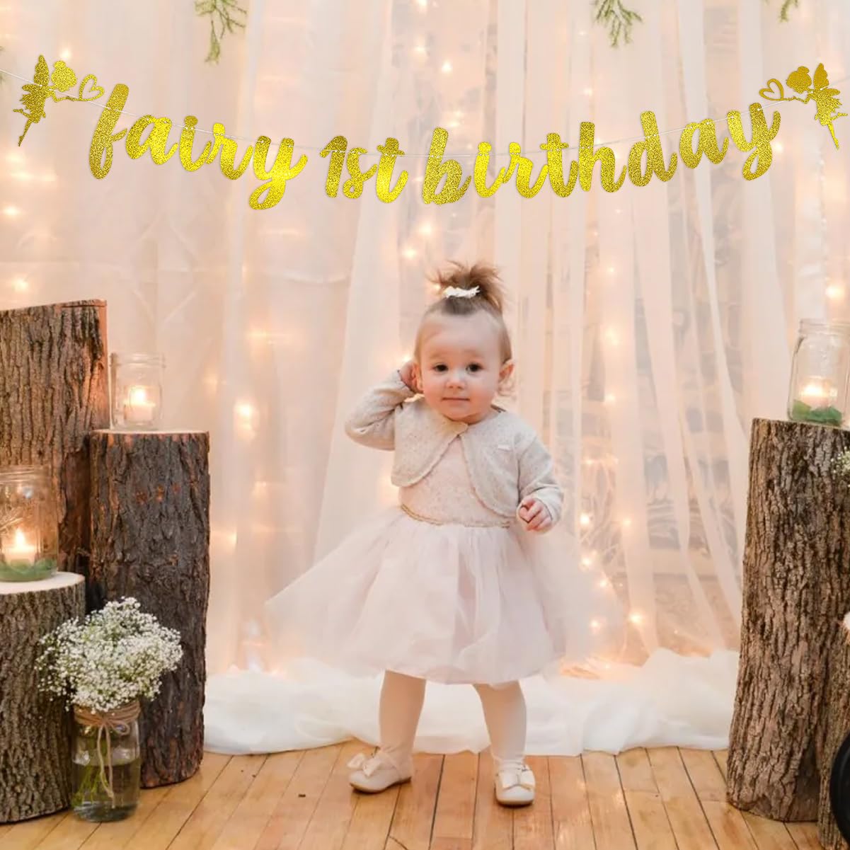 Fairy 1st Birthday Party Decorations,Golden glittery Fairy Happy 1st Birthday Party Supplies,Fairy Party Garden Decoration for Fairy Theme Birthday Party, 1st Anniversary Party Decorations Supplies