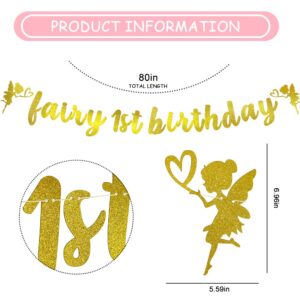 Fairy 1st Birthday Party Decorations,Golden glittery Fairy Happy 1st Birthday Party Supplies,Fairy Party Garden Decoration for Fairy Theme Birthday Party, 1st Anniversary Party Decorations Supplies