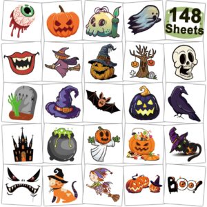 CHARLENT 148 Sheets Halloween Temporary Tattoos for Kids - Individual Halloween Pumpkin Skeletons Tattoos for Boys Girls Halloween Party Favors Treats Goodie Bag Fillers