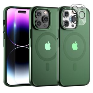 tauri [5 in 1 magnetic case for iphone 14 pro max [military grade drop protection] with 2x screen protector +2x camera lens protector, translucent slim fit designed for magsafe case-green