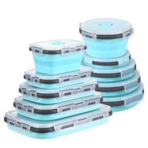 gemlord 10 pieces collapsible food storage containers foldable silicone lunch containers with airtight lids, 5 pcs rectangle and 5 pcs round food bowls for kitchen microwave freezer dishwasher safe