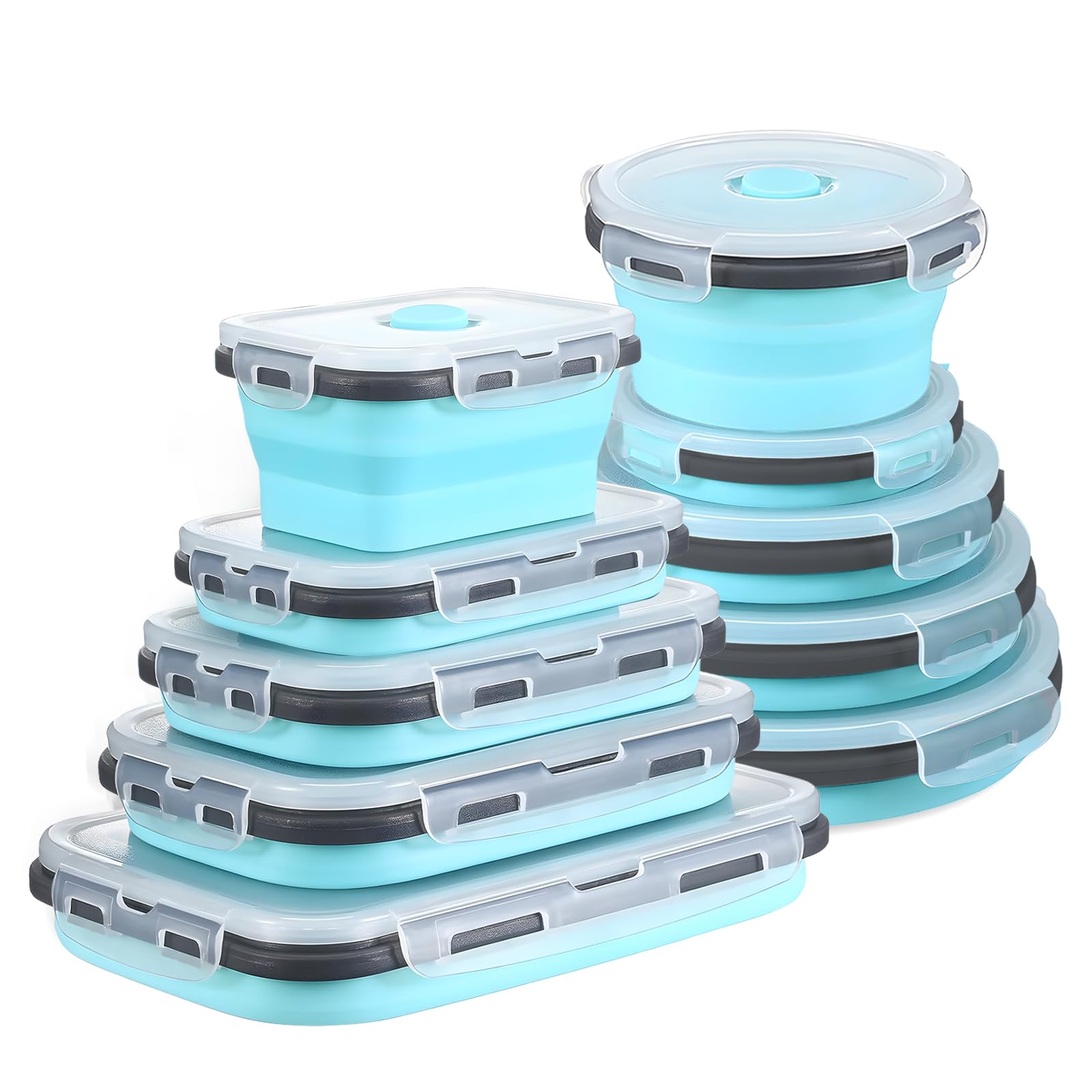 GEMLORD 10 Pieces Collapsible Food Storage Containers Foldable Silicone Lunch Containers with Airtight Lids, 5 Pcs Rectangle and 5 Pcs Round Food Bowls for Kitchen Microwave Freezer Dishwasher Safe