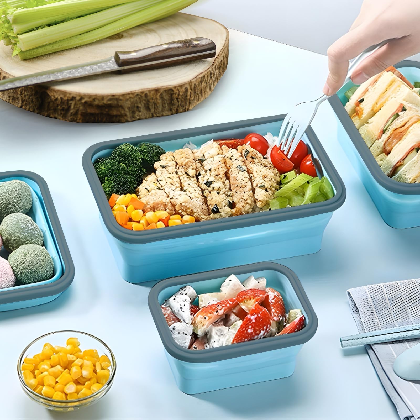 GEMLORD 10 Pieces Collapsible Food Storage Containers Foldable Silicone Lunch Containers with Airtight Lids, 5 Pcs Rectangle and 5 Pcs Round Food Bowls for Kitchen Microwave Freezer Dishwasher Safe