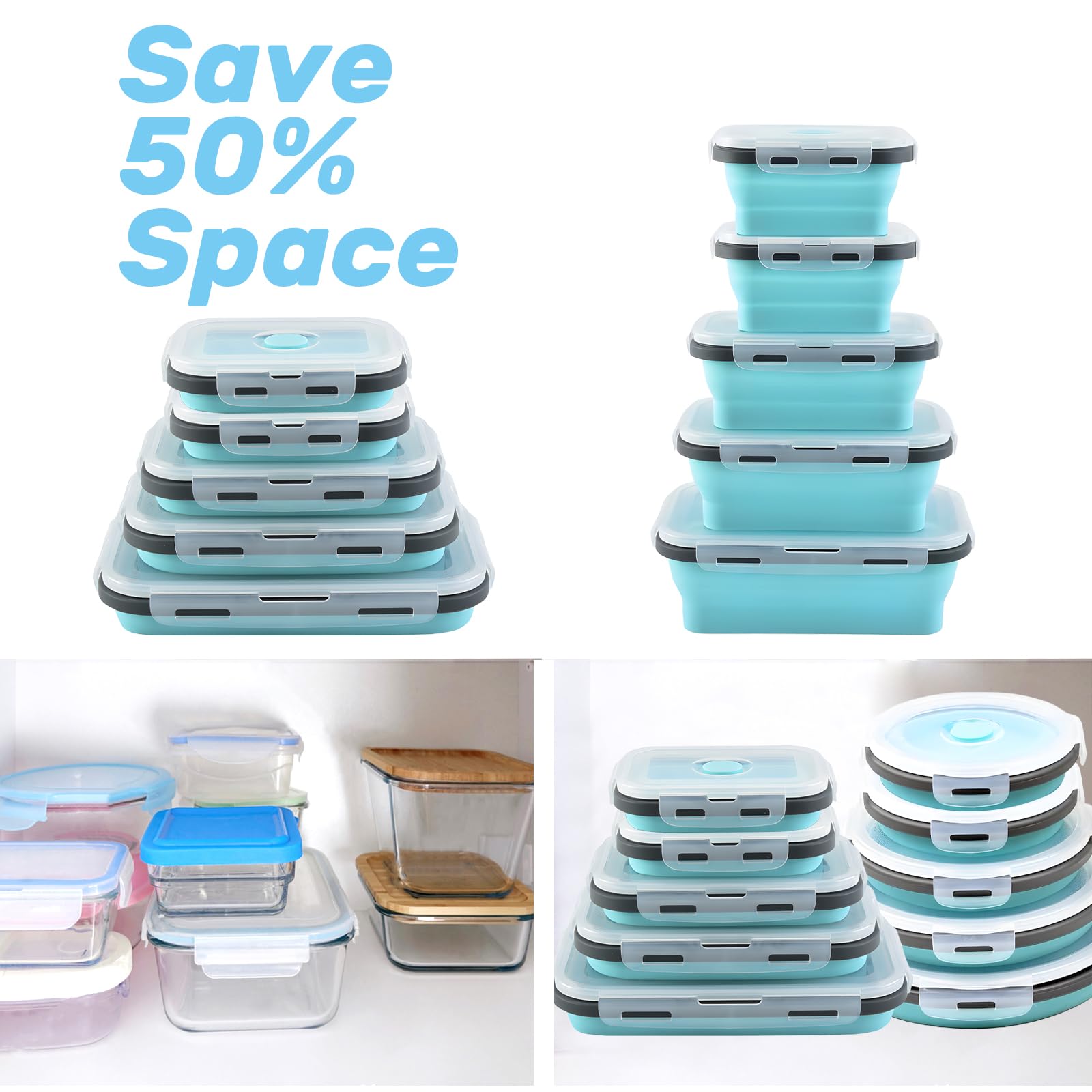 GEMLORD 10 Pieces Collapsible Food Storage Containers Foldable Silicone Lunch Containers with Airtight Lids, 5 Pcs Rectangle and 5 Pcs Round Food Bowls for Kitchen Microwave Freezer Dishwasher Safe