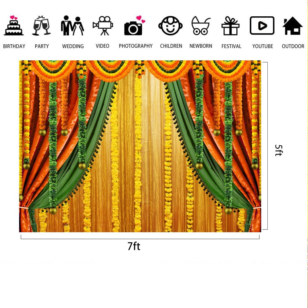 Lofaris India Pooja Backdrop Puja Ganpati Photography Traditional Banana Leaf Green Chatiya Ganesh Mehndi Festival Background Decorations Wedding Party Marigold Garlands Photo Props 7x5ft