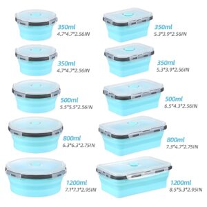 GEMLORD 10 Pieces Collapsible Food Storage Containers Foldable Silicone Lunch Containers with Airtight Lids, 5 Pcs Rectangle and 5 Pcs Round Food Bowls for Kitchen Microwave Freezer Dishwasher Safe