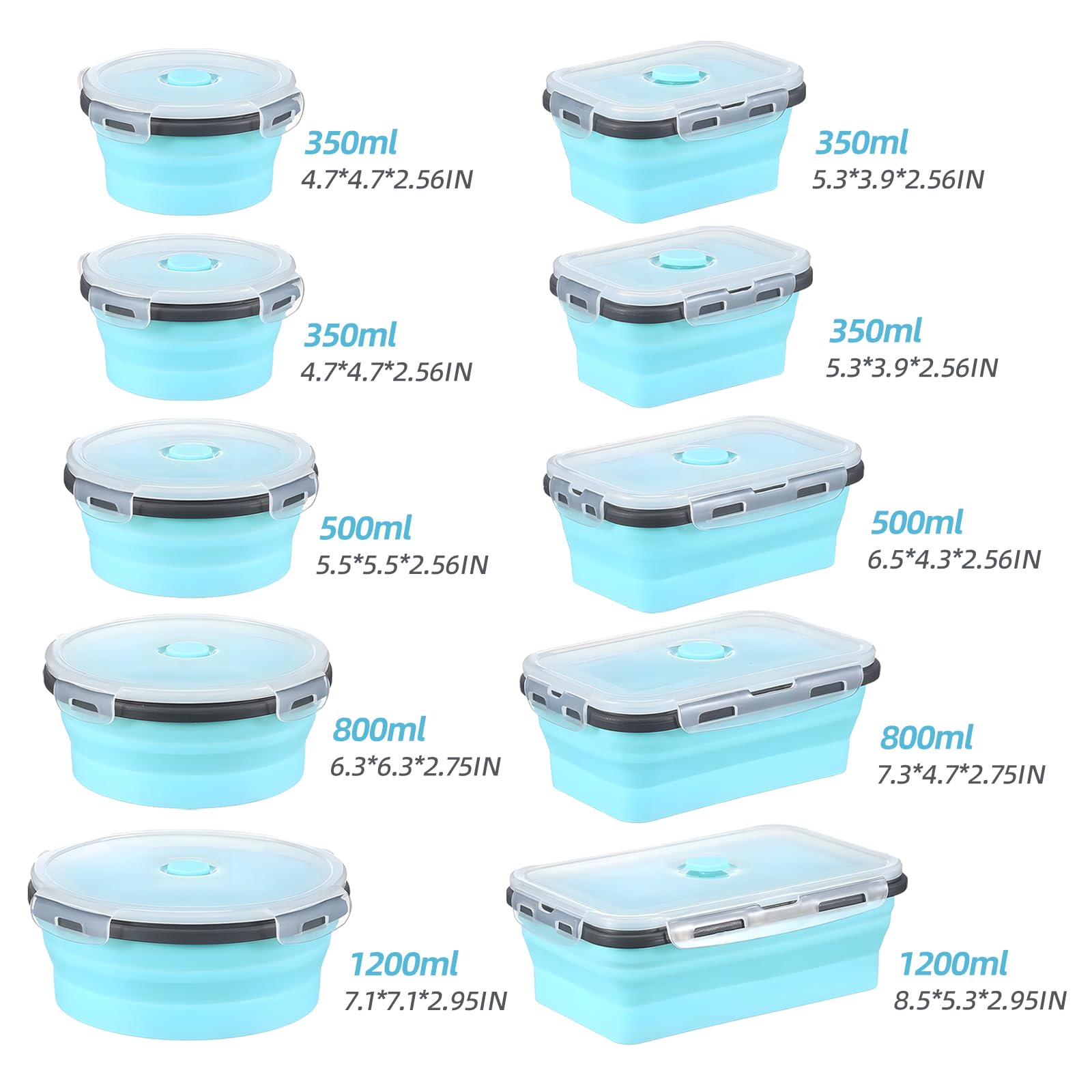 GEMLORD 10 Pieces Collapsible Food Storage Containers Foldable Silicone Lunch Containers with Airtight Lids, 5 Pcs Rectangle and 5 Pcs Round Food Bowls for Kitchen Microwave Freezer Dishwasher Safe