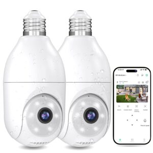 ofyoo 2k light bulb security camera with night vision, motion detection, 360° remote viewing, and real-time alerts for home safety, waterproof, indoor and outdoor cam, 2 packs