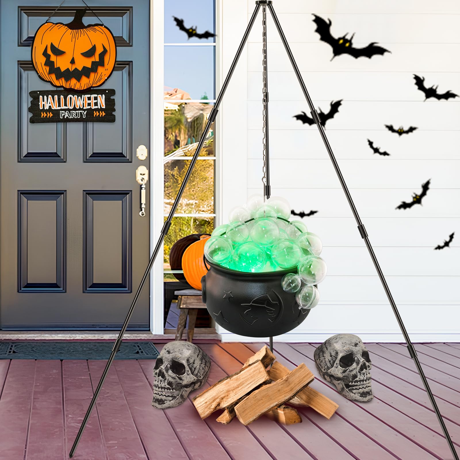 AYGXU Halloween Decorations Outdoor,Halloween Party Decoration Indoor, Cauldron Halloween Yard Decorations,Witch Black Cauldron Decoration with Tripod Clear Ball Lights String Patio Party Garden Lawn