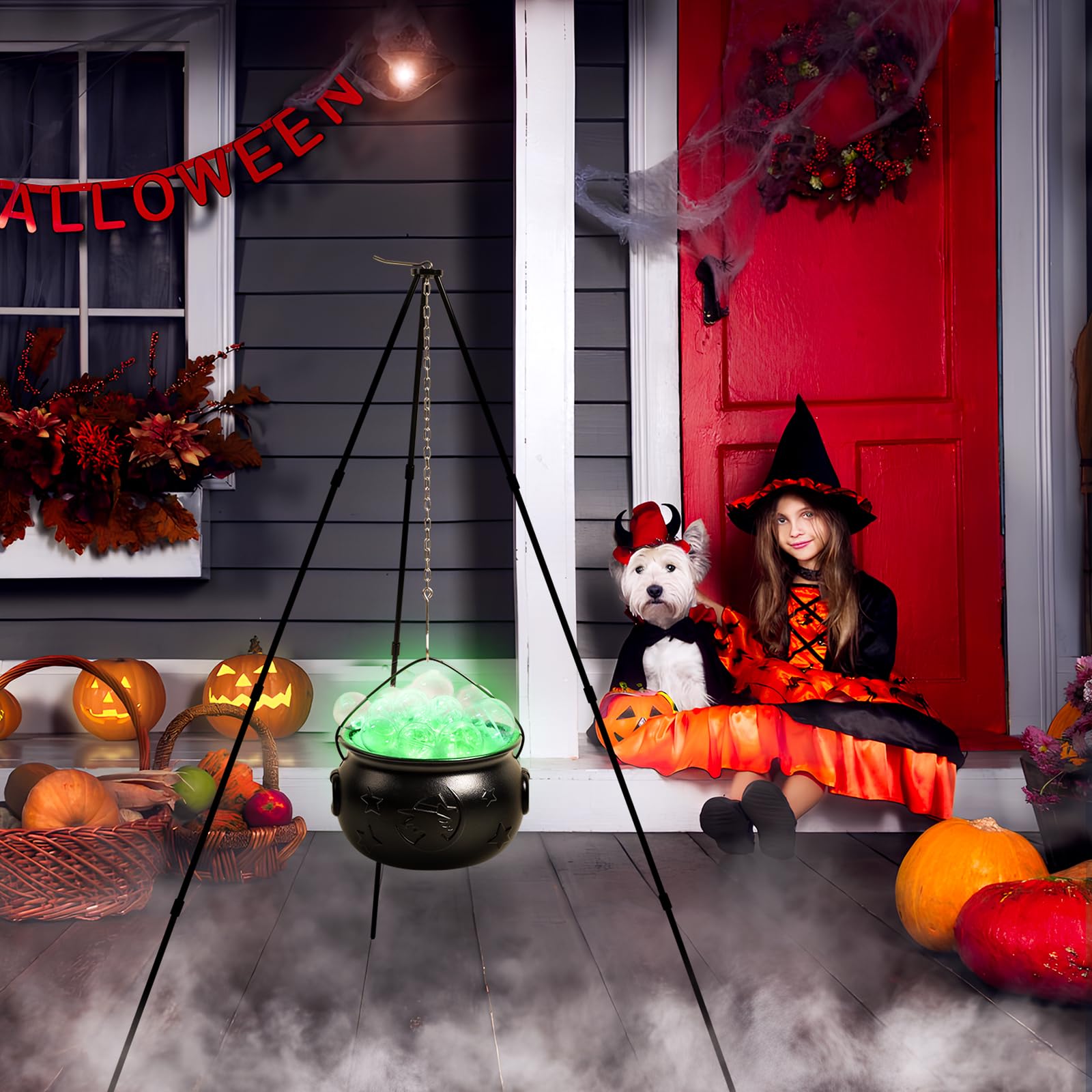 AYGXU Halloween Decorations Outdoor,Halloween Party Decoration Indoor, Cauldron Halloween Yard Decorations,Witch Black Cauldron Decoration with Tripod Clear Ball Lights String Patio Party Garden Lawn