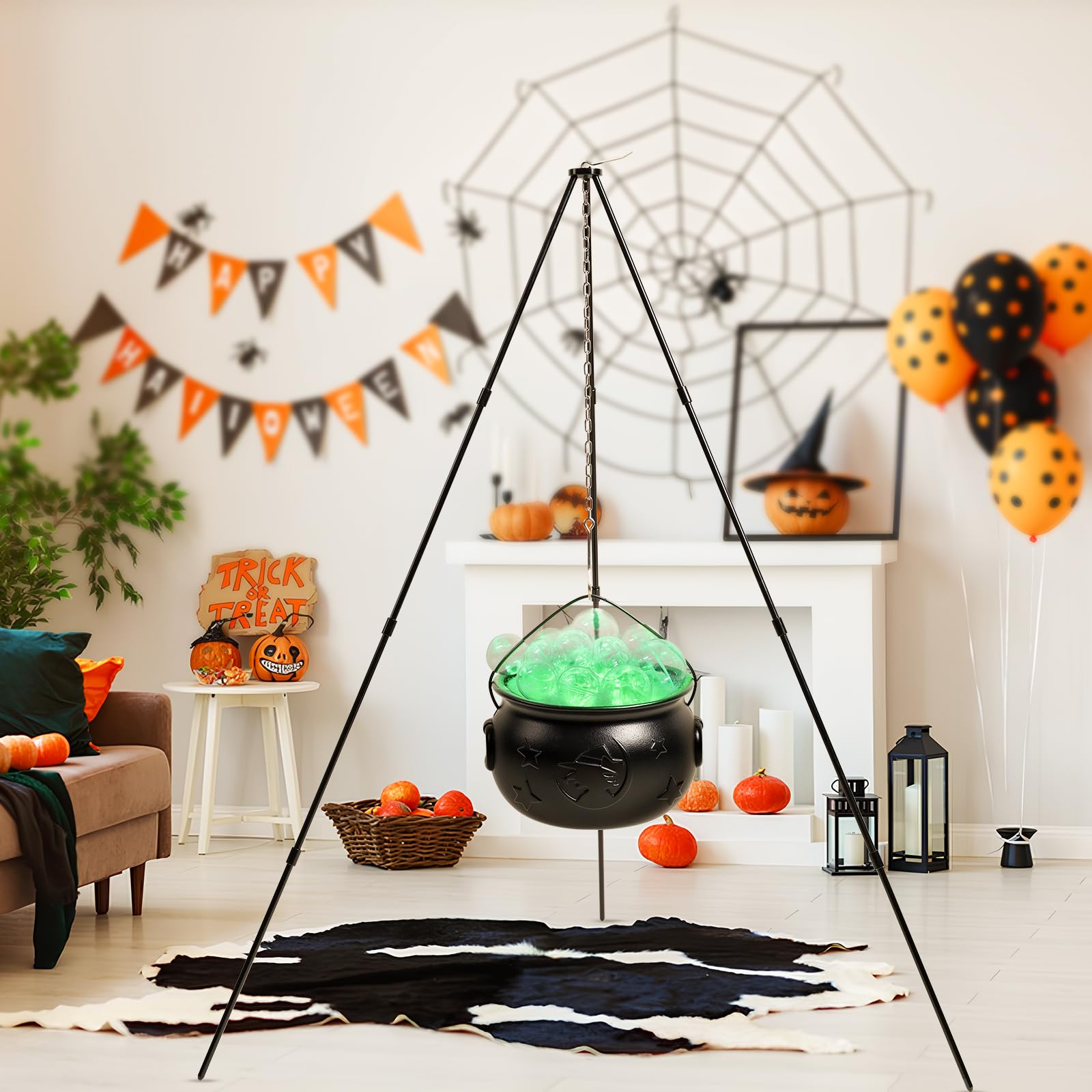 AYGXU Halloween Decorations Outdoor,Halloween Party Decoration Indoor, Cauldron Halloween Yard Decorations,Witch Black Cauldron Decoration with Tripod Clear Ball Lights String Patio Party Garden Lawn