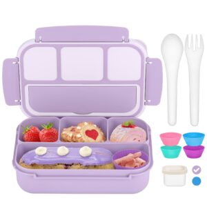 sunhanny bento lunch box for adults, kids girls boys lunch box, lunch containers for adults women with 4 compartments, sauce container, fork and spoon, muffin cups, purple