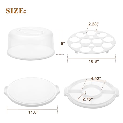 Cake Carrier with Lid and Handle, Multipurpose Cake Stand Fits 10 inch Cake, Cupcake Containers for 11 Cupcakes，Cake Holder Serves as Five Section Serving Tray, Portable Cheesecake Container, White