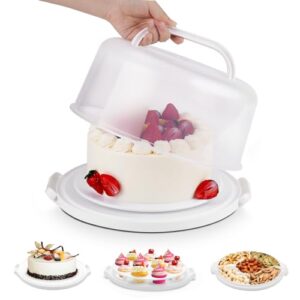 cake carrier with lid and handle, multipurpose cake stand fits 10 inch cake, cupcake containers for 11 cupcakes，cake holder serves as five section serving tray, portable cheesecake container, white