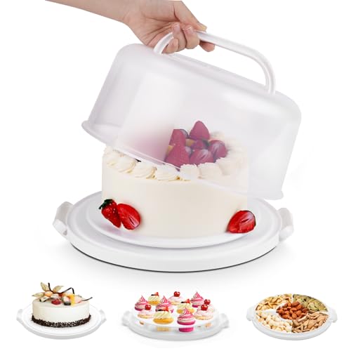 Cake Carrier with Lid and Handle, Multipurpose Cake Stand Fits 10 inch Cake, Cupcake Containers for 11 Cupcakes，Cake Holder Serves as Five Section Serving Tray, Portable Cheesecake Container, White