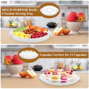 Cake Carrier with Lid and Handle, Multipurpose Cake Stand Fits 10 inch Cake, Cupcake Containers for 11 Cupcakes，Cake Holder Serves as Five Section Serving Tray, Portable Cheesecake Container, White