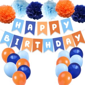 boy birthday supplies light blue navy brown tan orange banner boho balloon pom poms backdrop kids birthday decoration