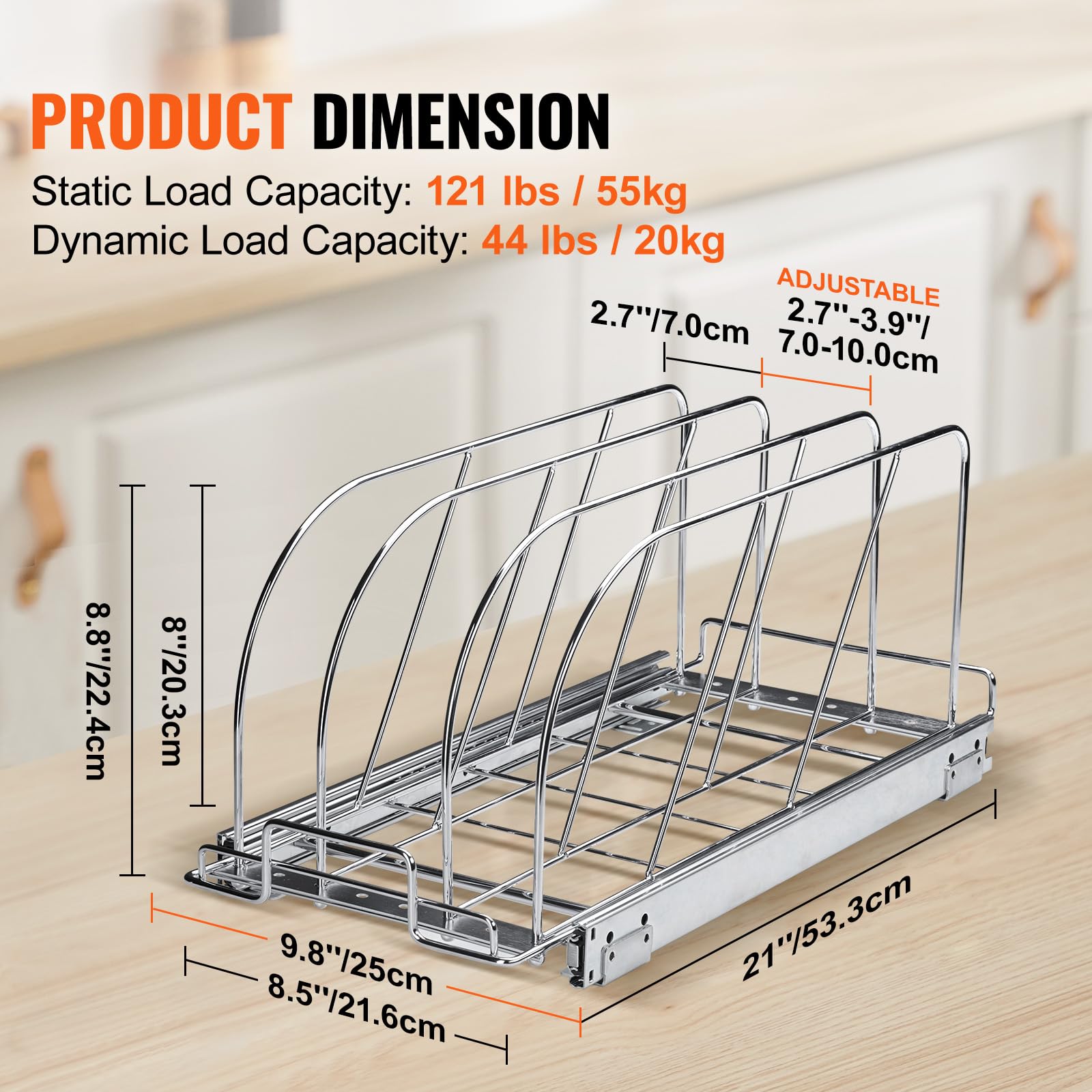VEVOR Pan and Pot Rack, Expandable Pull Out Under Cabinet Organizer, Cookie Baking Pans tray Organization, Adjustable Wire Dividers, Steel Lid for Kitchen Cabinet & Pantry, 8.5"W